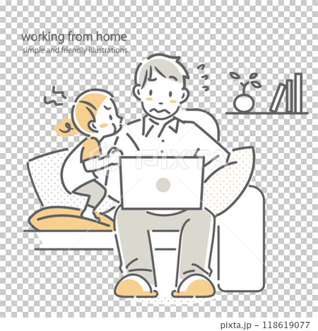 A simple and stylish line drawing of a father struggling with teleworking from home 118619077