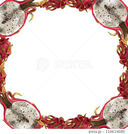 Pitaya frame, pink dragon fruit. Exotic tropical ripe fruits, slices and whole, hand drawn watercolor painting in realistic style. Exotic fruits Pitaya frame, pink dragon fruit. Exotic tropical ripe fruits, slices and whole, hand drawn watercolor painting in realistic style. Exotic fruits 118619080