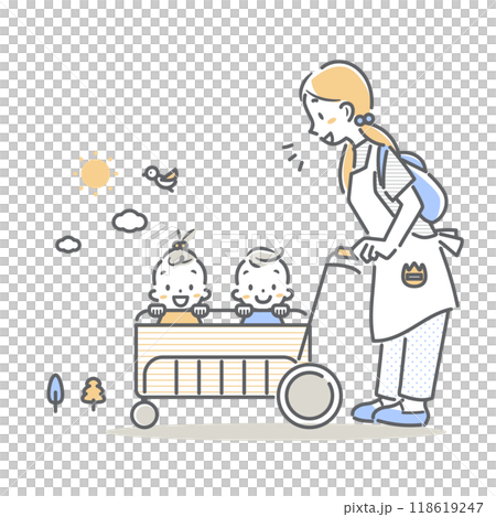A nursery teacher walking a baby in a cart - simple and stylish line drawing illustration A nursery teacher walking a baby in a cart - simple and stylish line drawing illustration 118619247