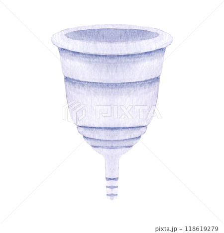 A menstrual cup watercolor illustration isolated on white. Light purple product for women's health. Great for eco-friendly period care design, ads, packaging. Sustainable lifestyle of modern women 118619279