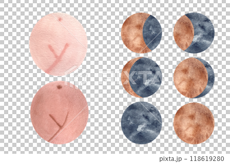 A women body signs in two tones and moon phases watercolor set isolated on white. Great for eco-friendly menstrual care decor and design, calendars, logotypes, labels, websites. Sustainable lifestyle A women body signs in two tones and moon phases watercolor set isolated on white. Great for eco-friendly menstrual care decor and design, calendars, logotypes, labels, websites. Sustainable lifestyle 118619280