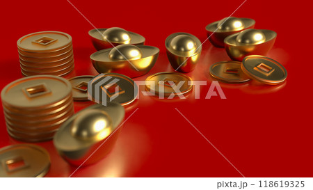 Chinese gold and coins on red Background 3d rendering. 118619325