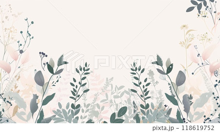 Simple flat illustration of botanical background in delicate pastel colors with space for text for 118619752