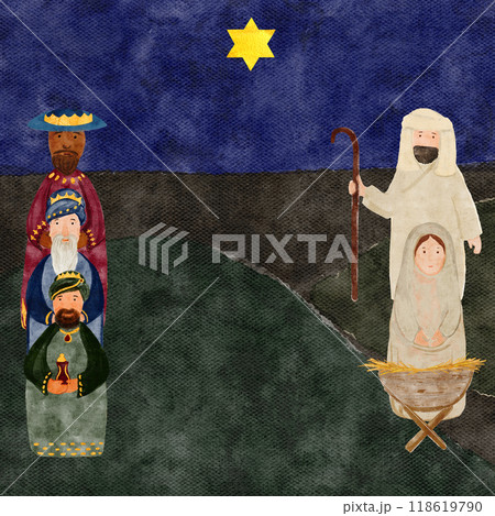 Wise men holy family Christmas card hand painted digital watercolor on dark textured background. High quality illustration for cards, stickers, posters, celebration of true Christmas, decoration 118619790