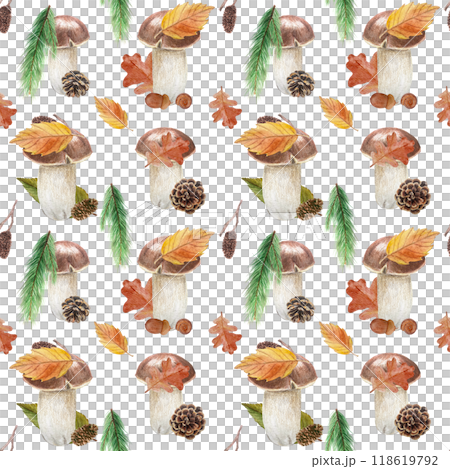 Porcini mushroom, alder leaf, cones, pine, oak watercolor seamless pattern isolated on white. High quality hand painted plant botanical illustration perfect for textile, posters, patterns, autumn Porcini mushroom, alder leaf, cones, pine, oak watercolor seamless pattern isolated on white. High quality hand painted plant botanical illustration perfect for textile, posters, patterns, autumn 118619792