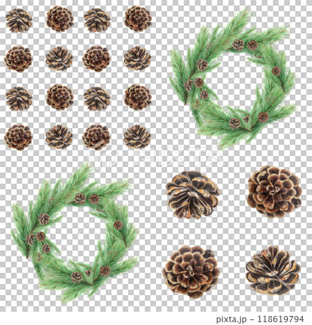 Pine wreath and pine cones watercolor hand painted plant design element set isolated on white. High quality illustration perfect for cards, textile, posters, patterns, Christmas and New Year decor 118619794