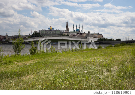 Panorama of the Kazan Kremlin, Russia. The panorama shows in Kremlin: Presidential Palace, Soyembika Tower, Annunciation Cathedral, Qolsharif Mosque; outside Kremlin Panorama of the Kazan Kremlin, Russia. The panorama shows in Kremlin: Presidential Palace, Soyembika Tower, Annunciation Cathedral, Qolsharif Mosque; outside Kremlin 118619905