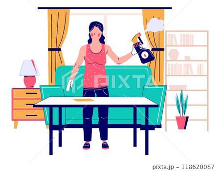 Woman housewife engaged in home cleaning vector illustration 118620087