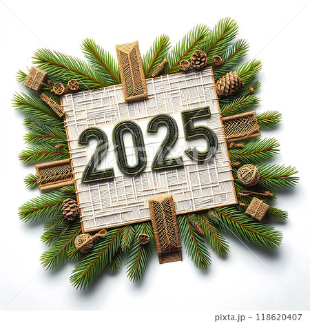 Thread embroidery of the number 2025, decorated with pine branches, isolated on a white background. New Year holiday concept 118620407