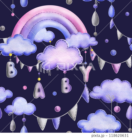 A stitched rainbow with clouds and letters BABY, garland flags, dots hanging from ropes in blue, purple and pink. Cute hand drawn watercolor illustration. Seamless pattern on a dark blue background 118620631