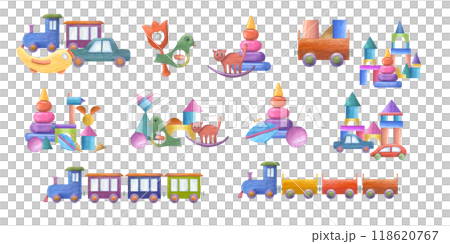 Baby wooden toys with transport, building bricks, blocks, rattle, pyramid watercolor illustration set. Multicolored compositions for kid room decor, poster, birthday greetings design 118620767