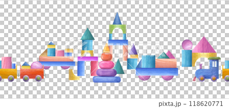 Kid wooden truck, car, train, castles made from building brick watercolor horizontal seamless border. Child blocks, toys for baby playing. Illustration for children print, decor, wrapping, textile 118620771