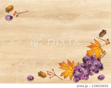 ぬくもりのある板と紅葉したカエデ、ぶどう、木の実など秋冬おしゃれ壁紙素材 118620850