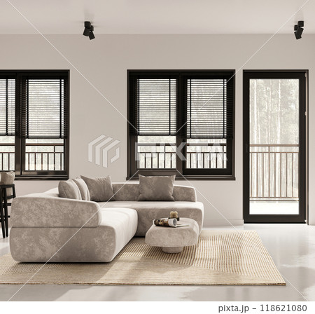 Modern, cozy living room designed to maximize natural light and comfort for all, 3d rendering 118621080