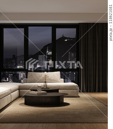 Elegant and modern living room showcasing a stunning city view in the enchanting night time, 3d rendering 118621081
