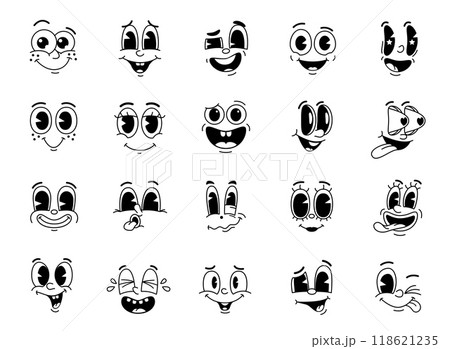 Cartoon comic groovy face, eye emoji and retro cute emotion characters vector set. Funny exaggerated facial expressions of joy, surprise, confusion and mischief with bold lines and monochrome colors 118621235
