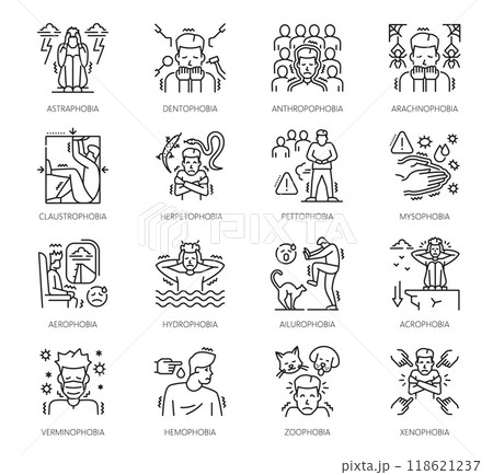 Human phobia icons, mental health, psychology problems. Vector thin line scared men with claustrophobia, acrophobia and arachnophobia, zoophobia, dentophobia, aerophobia and hemophobia symbols Human phobia icons, mental health, psychology problems. Vector thin line scared men with claustrophobia, acrophobia and arachnophobia, zoophobia, dentophobia, aerophobia and hemophobia symbols 118621237
