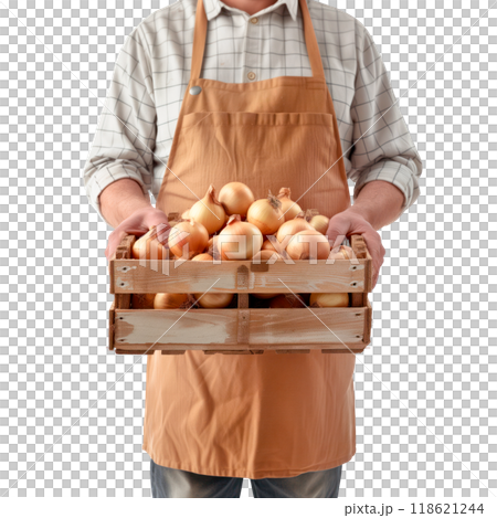 A farmer in an apron holds box with fresh cucumbers on a white or transparent background. Front view. Trading cucumbers at the market. 118621244