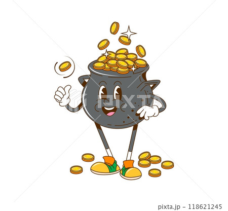 Cartoon retro groovy golden pot character with coins. Isolated vector playful cauldron personage celebrating St. Patrick Day holiday, symbolizing wealth and treasure, luck, happiness and prosperity 118621245