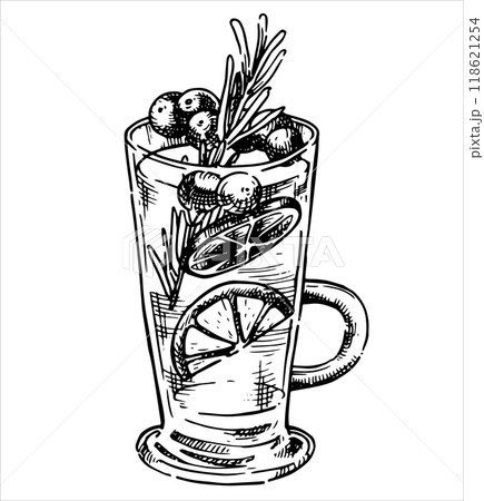 glass of mulled wine. Christmas drink, vector illustration in sketch style. vintage 118621254