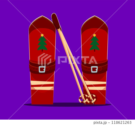 Merry Christmas font alphabet, letter N as skis for winter holiday, cartoon vector type. Christmas font or greeting festive typeface and New Year alphabet of letter N as Santa skis with Xmas tree 118621263
