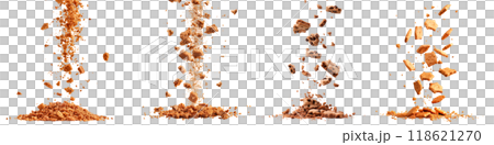 A set of cookie crumbs falling and gathering in a pile, isolated on a transparent background. Concept of baking, texture, and crumbling. 118621270