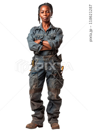 Portrait of a woman of African-American appearance isolated on a white or transparent background. Portrait of a young woman mechanic in dirty work clothes, Car repair and maintenance concept. 118621287