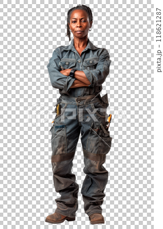 Portrait of a woman of African-American appearance isolated on a white or transparent background. Portrait of a young woman mechanic in dirty work clothes, Car repair and maintenance concept. 118621287