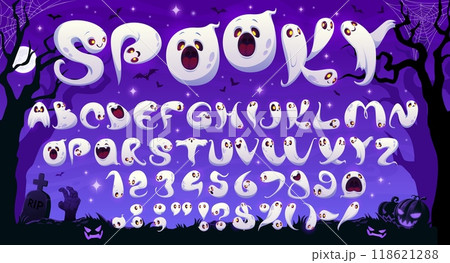Cartoon Halloween ghosts font, spooky scary typeface, horror evil type, monster alphabet set with ghostly characters forming letters, numbers and punctuation symbols. Fun and eerie vector abc for kids 118621288