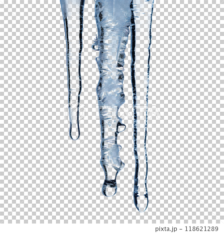 Close-up of icicles hanging from a surface, isolated on a transparent background. Symbolizes cold, winter, and frozen water. Perfect for winter projects, seasonal decorations. 118621289