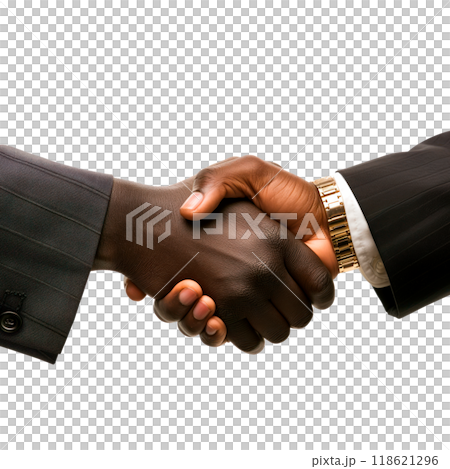 Business handshake with a black men in suits, isolated on a transparent background. Symbolizes cross-cultural cooperation, partnership, and business relations. 118621296