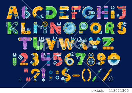 Robot machine font, gear wheel typeface, mechanical engineering type, kids english alphabet letters and numbers vector typography. Mechanic technology abc characters of cartoon mechanical parts, bolts Robot machine font, gear wheel typeface, mechanical engineering type, kids english alphabet letters and numbers vector typography. Mechanic technology abc characters of cartoon mechanical parts, bolts 118621306