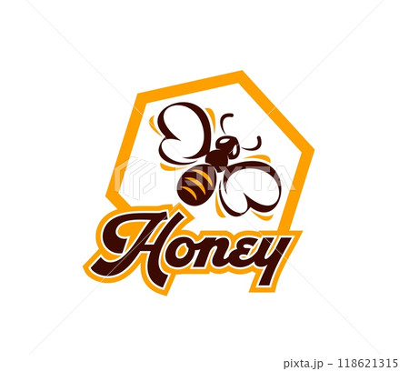 Honey icon, bee in honeycomb for beekeeping apiary product package, vector label. Honeybee on honeycomb icon for beekeeper farm market and bee apiary or food package tag and company corporate sign Honey icon, bee in honeycomb for beekeeping apiary product package, vector label. Honeybee on honeycomb icon for beekeeper farm market and bee apiary or food package tag and company corporate sign 118621315