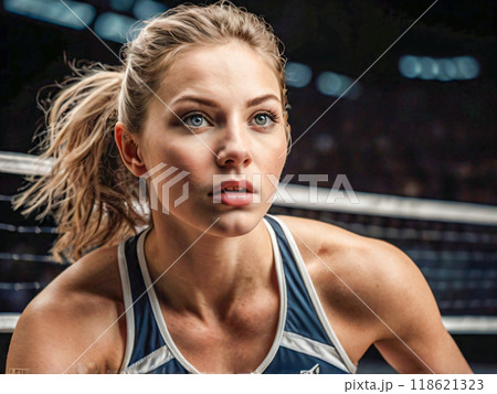 young woman flexing muscles on gym ball 118621323