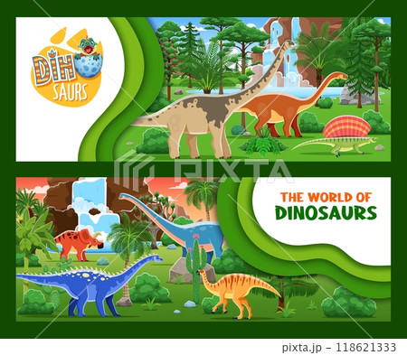 Paper cut banners with dinosaurs in jungle forest. Cartoon cute dino characters with prehistoric palm trees and plants vector background. Funny paralititan, edaphosaurus, ampelosaurus and cetiosaurus 118621333