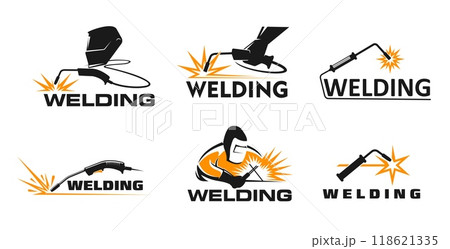 Weld icons, welders with metal work tools, sparks, welding torches, masks and gloves. Vector weld fabrication, metal construction workshop or plumbing service worker with gas metal arc welding machine 118621335