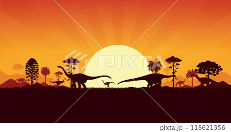 Dinosaurs silhouettes on sunset prehistoric landscape with palm trees, hills and plants. Vector serene background with dino species shadows roaming peacefully in front of large sun in orange dusk sky 118621356