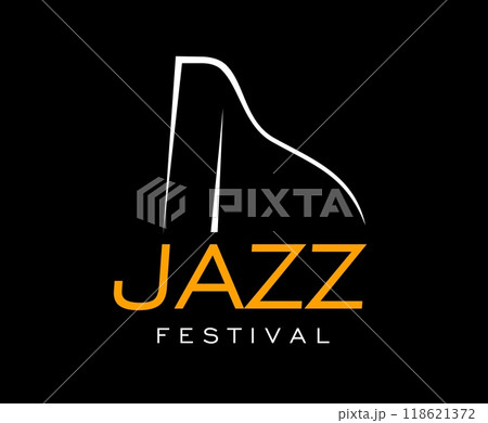 Jazz festival icon of piano outline silhouette for music live concert, vector emblem. Jazz festival sign with outline music instrument for live orchestra band concert, night club and musical event 118621372