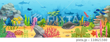 Cartoon underwater game map landscape with sea plants and animals. Jellyfish, stingray, crab, starfish and fishes between seaweeds. Vector coral reef, vibrant marine life level, interface background 118621380