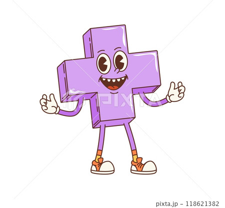 Cartoon groovy math figure of plus sign character with funky face, vector retro comic. 70s hippie or groovy retro cartoon mathematic sign of addition with happy crazy smile for freaky math emoji Cartoon groovy math figure of plus sign character with funky face, vector retro comic. 70s hippie or groovy retro cartoon mathematic sign of addition with happy crazy smile for freaky math emoji 118621382