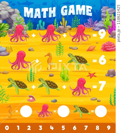 Math game worksheet with underwater sea animals like octopus, seahorse and turtle. Cartoon vector kids riddle encourage problem-solving and arithmetic skills through addition and subtraction exercises 118621425