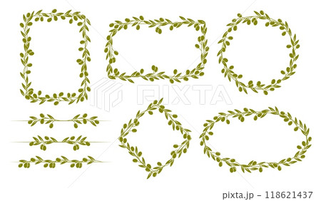 Olive leaves frame and border lines with green tree branches and fruits, vector olive oil, agriculture and mediterranean food. Isolated round and square wreath frames, border lines and dividers set Olive leaves frame and border lines with green tree branches and fruits, vector olive oil, agriculture and mediterranean food. Isolated round and square wreath frames, border lines and dividers set 118621437