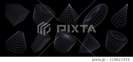 3d grid shapes, wireframe geometric figures. Vector line mesh perspective brutal cube, cone and torus, pyramid, cylinder, cuboid and tunnel. Abstract 3d grid shapes with monochrome mesh pattern 118621459