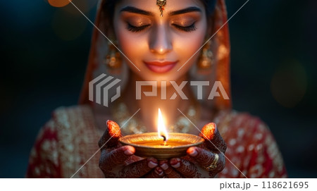 A woman in traditional Indian attire holding a burning diya lamp in her hands. Diwali celebration 118621695
