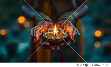 Close up of woman in traditional Indian dress holds Diwali diya lamp with hands decorated with henna 118621696