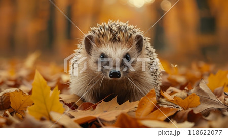 Autumn or fall season. Young hedgehog among autumn leaves in the forest. 118622077