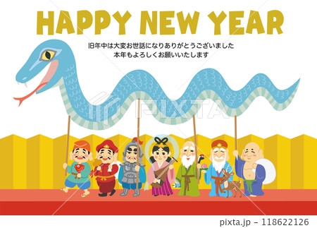 年賀状素材イラスト　巳年　七福神　金屏風　HAPPY NEW YEAR 118622126