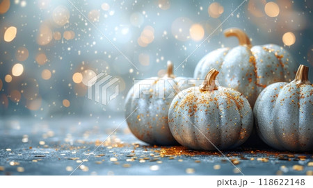Thanksgiving and Harvest Festival. A group of silver metallic pumpkins on a black background with gold confetti in a flat lay. A web banner with copy space on the right. 118622148