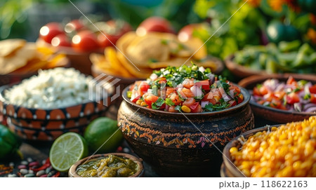 Hispanic Heritage Month. food festival concept with festive backdrop showcasing culinary traditions and cultural pride 118622163