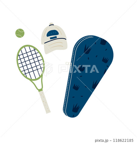 Tennis equipment set isolated on white background. Racket, cap, ball and tennis bag. Vector hand drawn flat illustration Tennis equipment set isolated on white background. Racket, cap, ball and tennis bag. Vector hand drawn flat illustration 118622185
